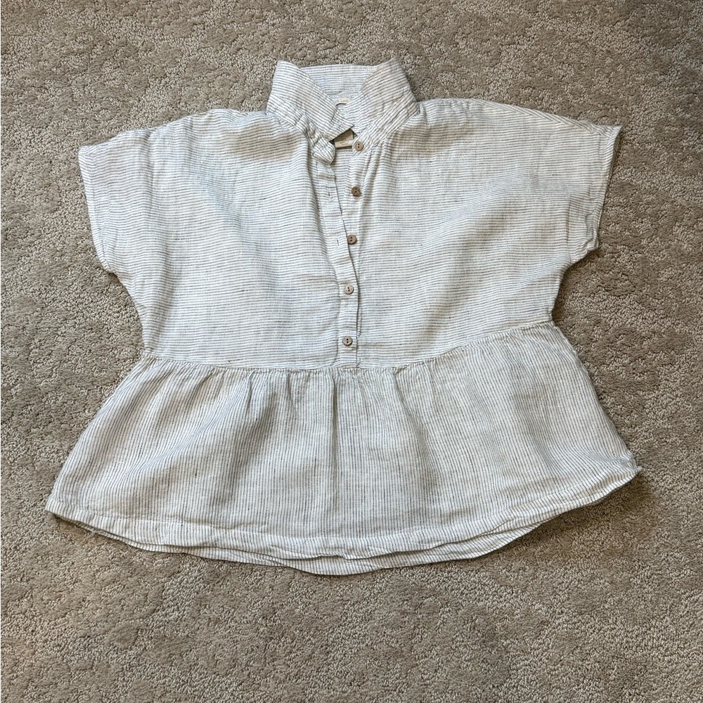 Linen Catherine Malandrino Cream and Light Gray Striped Peplum Top